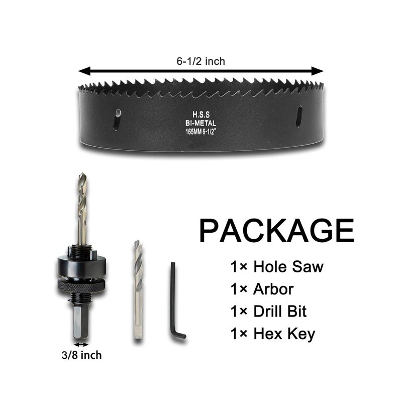 VIKITON 6-1/2 Inch Hole Saw with Arbor for Wood Metal Plastic, 6.5 in Bimetal Hole Cutter, Fast Chip Removal, Smooth Flat Drilling Edge, Lightweight & Portable (Black) - Image 3
